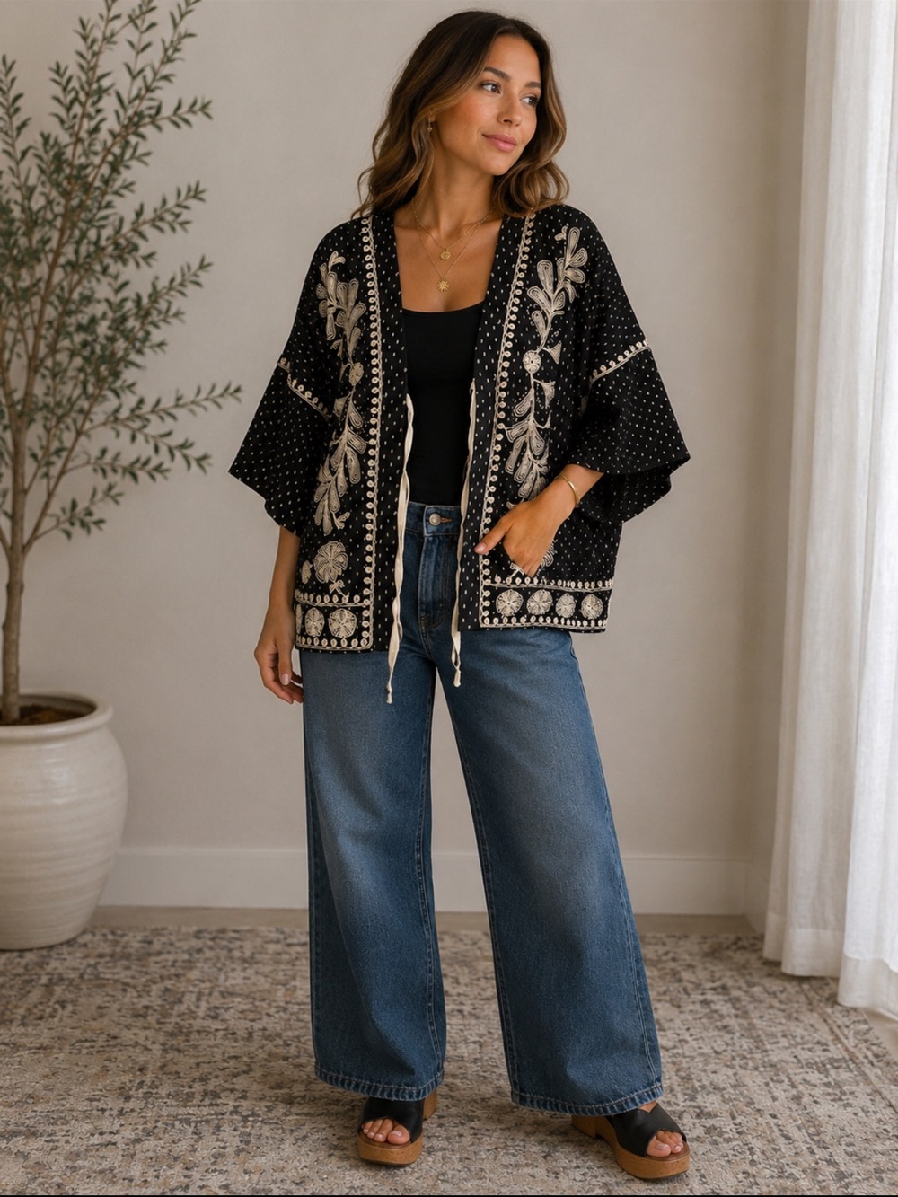 MADE IN ITALY 🇮🇹 Black Embroidered Open-Front Kimono Sweater